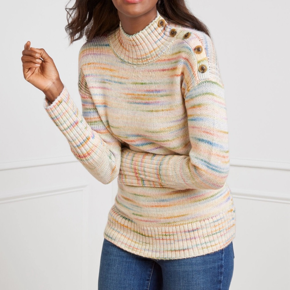 Talbots Cream Multicolor Striped Button-Shoulder Sweater